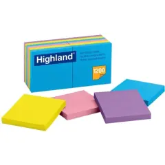 Highland Self-Stick Notes, 3 x 3 Inches, Bright Colors, Pad of 100 Sheets, Pack of 12