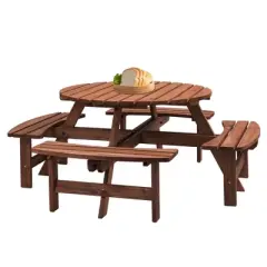 GDFStudio Laurel Outdoor 8-Person Wooden Round Picnic Table with 4 Built-in Benches and Umbrella Hole