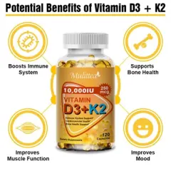 Mulittea 10000 IU Vitamin D3 K2, Support Bone & Joint Health, Increase Immunity, 60 Softgels