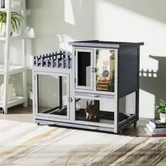 AZL1 Life Concept Pet Crates and Houses 2-Tier Waterproof Wooden Rabbit Hutch with Removable Tray, Ramp, Fence, Gray, 38.19"*23.62"*36.22"
