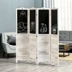 HOMCOM 4-Panel Folding Room Divider with Blackboard, 5.5 Ft Tall Freestanding Privacy Screen Panels for Bedroom or Office, White