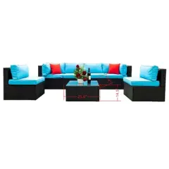 DSVIMOY Sectional Sofa Sets, 5 Pieces Rattan sectional Outdoor Furniture Cushioned U Sofa set with 2 Pillow, Blue & Black, 25.6"*25.6"*14.5"