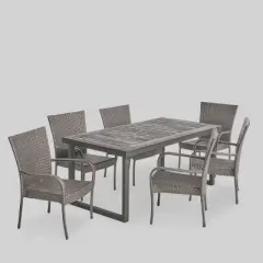 Mayhill 7pc Acacia Wood and Wicker Dining Set: Weather-Resistant, 6 Arm Chairs - Christopher Knight Home