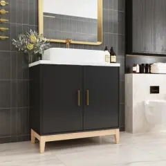 FUFU&GAGA Black Bathroom Vanity Ceramic Washbasin Solid Wooden Cabinet Feet