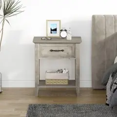 Nightstand with Drawer and 2-Tier Storage Shelves, Versatile End Table for Bedroom, Living Room, Dorm, and Small Spaces