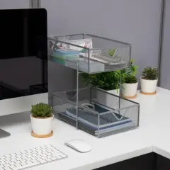 Mind Reader Stackable Paper Tray, Desktop Organizer, File Storage, Office, Metal Mesh, 10.5"L x 13.25"W x 7.5"H, 2 Pcs, Silver