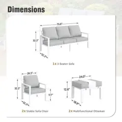 Captiva Designs 5PC Aluminum Outdoor Patio Conversation Set with Ottoman