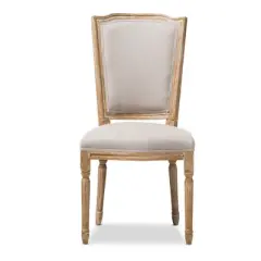 Cadencia French Vintage Cottage Weathered Oak Wood Finish and Fabric Upholstered Dining Side Chair - Beige - Baxton Studio