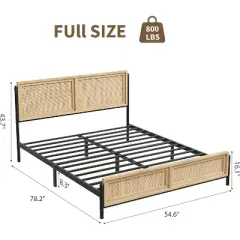 Boho Wooden Full/Queen/King Size Bed Frame with Natural Rattan Headboard and Footboard, No Box Spring Needed, Noise-Free Easy Assemble Metal Bedframe