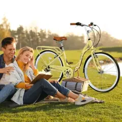 NAYSAYE Bicycle 7 Speed Steel Frame 24 Inch Ladies Bike for Commuting and Leisure for City Rides, Yellow, 62.2"*23.62"*40.16"