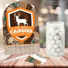 Big Dot of Happiness Gone Hunting - How Many Candies Deer Hunting Camo Baby Shower or Birthday Party Game - 1 Stand and 40 Cards - Candy Guessing Game