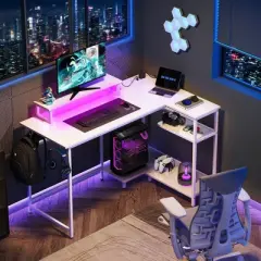 GALAXHERO 47 Inch Small L Shaped Gaming Desk, Corner Computer Desk with Power Outlets, LED Lights & Monitor Stand, Office Desk for Bedroom