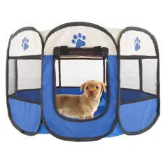 Pet Adobe Pop-Up Pet Playpen With Carrying Case &ndash; Portable Indoor/Outdoor Pet Enclosure - Blue