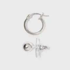 Sterling Cubic Zirconia Silver Ball Studs and Hoop Trio Earring Set - A New Day&trade; Silver