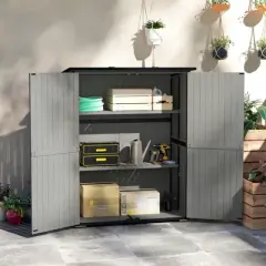 Resenkos Storage Garden Shed,Garden Sheds,Outdoor Garden Shed with Asphalt Roof, 2 Shelves, Lockable Doors and Adjustable Feet, Gray