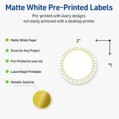 Avery Labels, 2" Diameter, Matte White, Gold Border w/ Gold Dots, 120ct