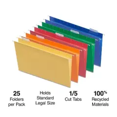 HITOUCH BUSINESS SERVICES Reinforced Hanging File Folders 5-Tab Legal Size Assorted Colors 25/BX