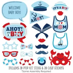 Big Dot of Happiness Ahoy It's a Boy - Nautical Baby Shower Photo Booth Props Kit - 20 Count