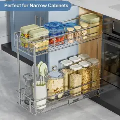 LOVMOR Pull Out Spice Rack for Narrow Cabinet (8?" W X 21" D),2 Tier Slide Out Cabinet Organizer and Pull Out Shelves Under