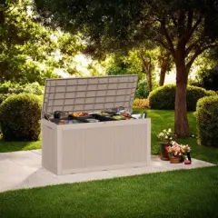 DSVIMOY Deck Boxes, 2-Piece 100 Gal Outdoor Storage Deck Box, Small Patio Storage Bin for Garden Tools, Brown, 48.03"*21.46"*24.53"