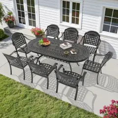 9-Piece Cast Aluminum Outdoor Dining Set: Oval Table, Stackable Chairs & Blue Cushions - All-Weather Patio Furniture for Your Backyard