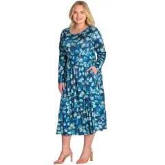 Womens Plus Size Blue Brushstroke Print Long Sleeve Pleated Midi Pocket Dress