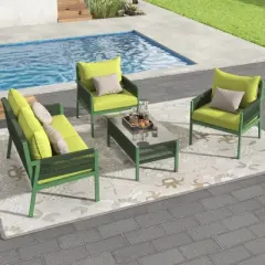 FIONECA 4-Piece Rope Patio Furniture Set with Tempered Glass Table, Outdoor Conversation Set with Thick Cushions, Fluorescent Yellow & Green