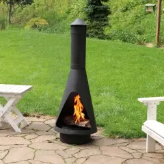 Sunnydaze Outdoor Backyard Patio Steel Wood-Burning Fire Pit Chiminea with Rain Cap, Wood Grate, and Fire Poker - 56" - Black