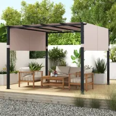 Tangkula 10 x 10 ft Flat Top Pergola w/ Retractable Canopy Outdoor Grill Gazebo
