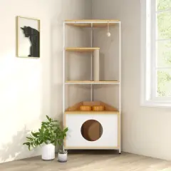 Lirago White and Oak Corner Cat Tower-58.3"H Cat Tree with Scratching Post and Feeding Station