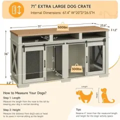 71" Dog Crate Furniture for 2 Dogs, Dog Kennel Furniture with Removable Divider and 3 Storage Compartments