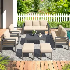 COWLOWN 7 Piece Beige Modern Aluminum Outdoor Patio Furniture Set with Coffee Table and Cushions for Balcony, Porch, Yard and Lawn