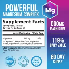 Magnesium Complex Supplement 500 mg, 5 in 1 Chelated Magnesium Glycinate, Malate, Citrate, Oxide, Aquamin - 120 Capsules By Nature's Nutrition