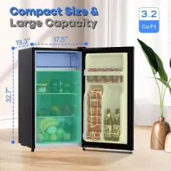 3.2 Cu.Ft Mini Fridge with Freezer - Energy Efficient, Ultra Quiet, Adjustable Thermostat for Dorm, Bedroom, Office, Kitchen