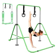 DSVIMOY Kids Gymnastic Bar, Multi-Functional Adjustable Height Children's Horizontal Gymnastic Bar With Bear Rings, Green, 39"*57"*51"