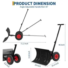 GustoWave Black Snow Shovel with Wheels, Heavy Duty Snow Pusher for Driveway, Carbon Steel Snow Pusher Shovel with Adjustable Angle