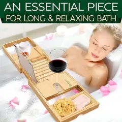 SereneLife Luxury Bamboo Bathtub Caddy Tray - Adjustable Natural Wood Bathtub Organizer with Glass Holder, Soap Dish, & Phone Slot