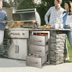 VEVOR Outdoor Kitchen Drawers 16\" W x 28.5\" H x 20.5\" D, Flush Mount Triple Access BBQ Drawers Stainless Steel with Handle, Silver