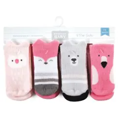 Hudson Baby Infant Girl Cotton Rich Newborn and Terry Socks, Pink Animals