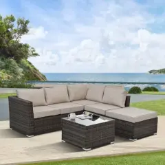LOVSON Patio Furniture, Outdoor Furniture, Seasonal PE Wicker Furniture, 4 Set Wicker Furniture With Tempered Glass Coffee Table