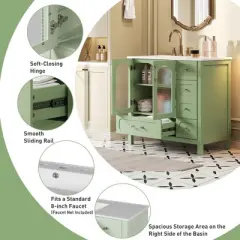 36 Inch Bathroom Vanity with Ceramic Sink, Freestanding Cabinet with 4 Drawers, 2 Soft-Close Waffle Glass Doors & Adjustable Shelf