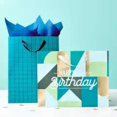 Large Birthday Gift Bag with Tissue Grid - Spritz&trade;: Stripe Pattern, Black & Teal Blue, 12.75" x 10" x 5"