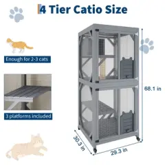 68 Inch Catio Outdoor Cat Enclosure On Wheels, with Waterproof Roof, Wooden Kitty House with Platforms, Upgraded Resting Box and Scratching Post