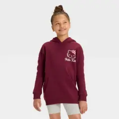 Hello Kitty Girls' Hooded Cherry Bow Oversized Pullover Sweatshirt - Red