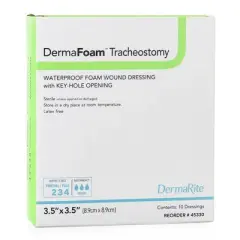 DermaFoam Tracheostomy Foam Dressing 3.5 x 3.5" Fenestrated Square No Border Waterproof Backing 45330 10 per Box