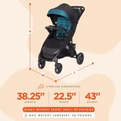 Baby Trend Tango Lightweight Compact Toddler Baby Infant Travel Stroller System with Oversized UPF 50+ Protection Canopy, Veridian Teal and Black