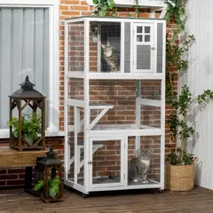 PawHut 74" Wooden Outdoor Cat House Weatherproof & Wheeled, Catio Outdoor Cat Enclosure with High Weight Capacity, Cat Cage Condo