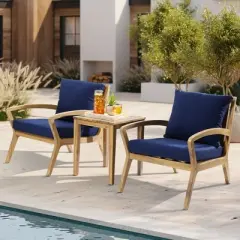 LuxenHome Outdoor Acacia Wood Side Table and Set of 2 Armchairs with Blue Cushions