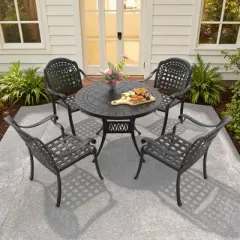 5-Piece Cast Aluminum Outdoor Dining Set with Blue Cushions, Round Table & Stackable Chairs - for Patio, Backyard
