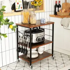 Tangkula Kitchen Baker's Rack 3-Tier Microwave Cart with Wheels&10 Hooks Rustic Brown/Maple/Vintage/Nut Brown
